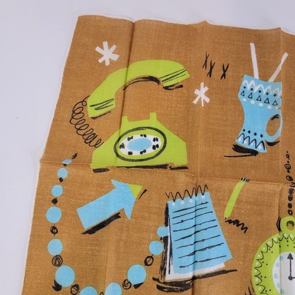 Vintage 1960s Designer JEANNE MILLER Phone Clock Handkerchief TAG UNUSED - Picture 2 of 7